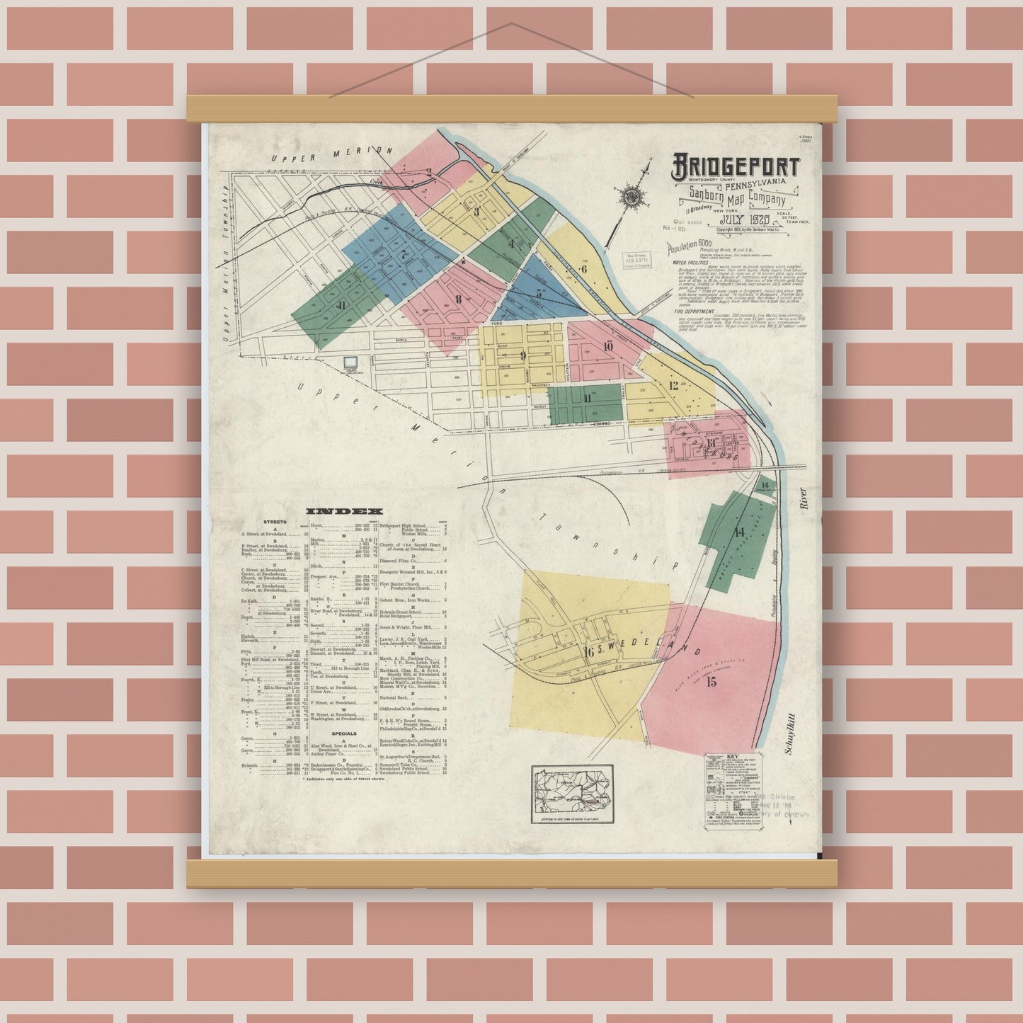 Old map wall art mockup — magnetic wood frame on brick wall — Sanborn Fire Insurance Map from Bridgeport, Montgomery County, Pennsylvania (1920), Sheet #0001