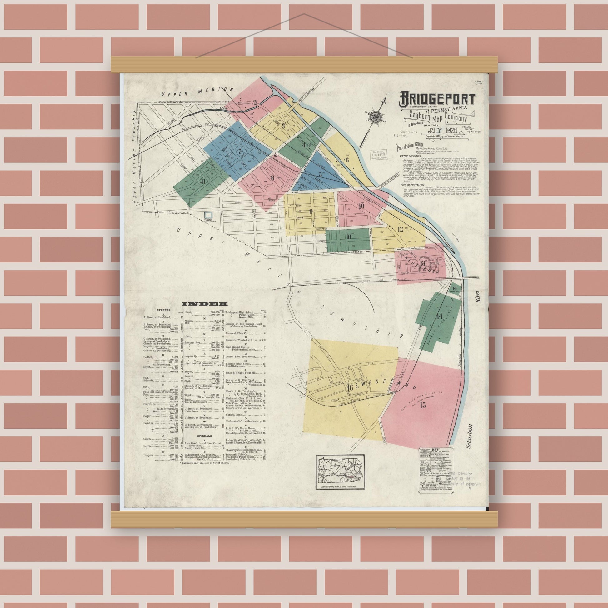 Old map wall art mockup — magnetic wood frame on brick wall — Sanborn Fire Insurance Map from Bridgeport, Montgomery County, Pennsylvania (1920), Sheet #0001