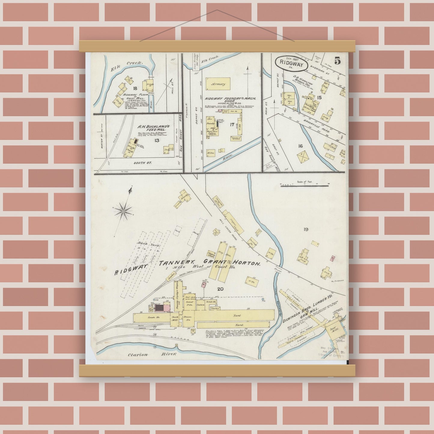 Old map wall art mockup — magnetic wood frame on brick wall — Sanborn Fire Insurance Map from Ridgway, Elk County, Pennsylvania (1887), Sheet #0005
