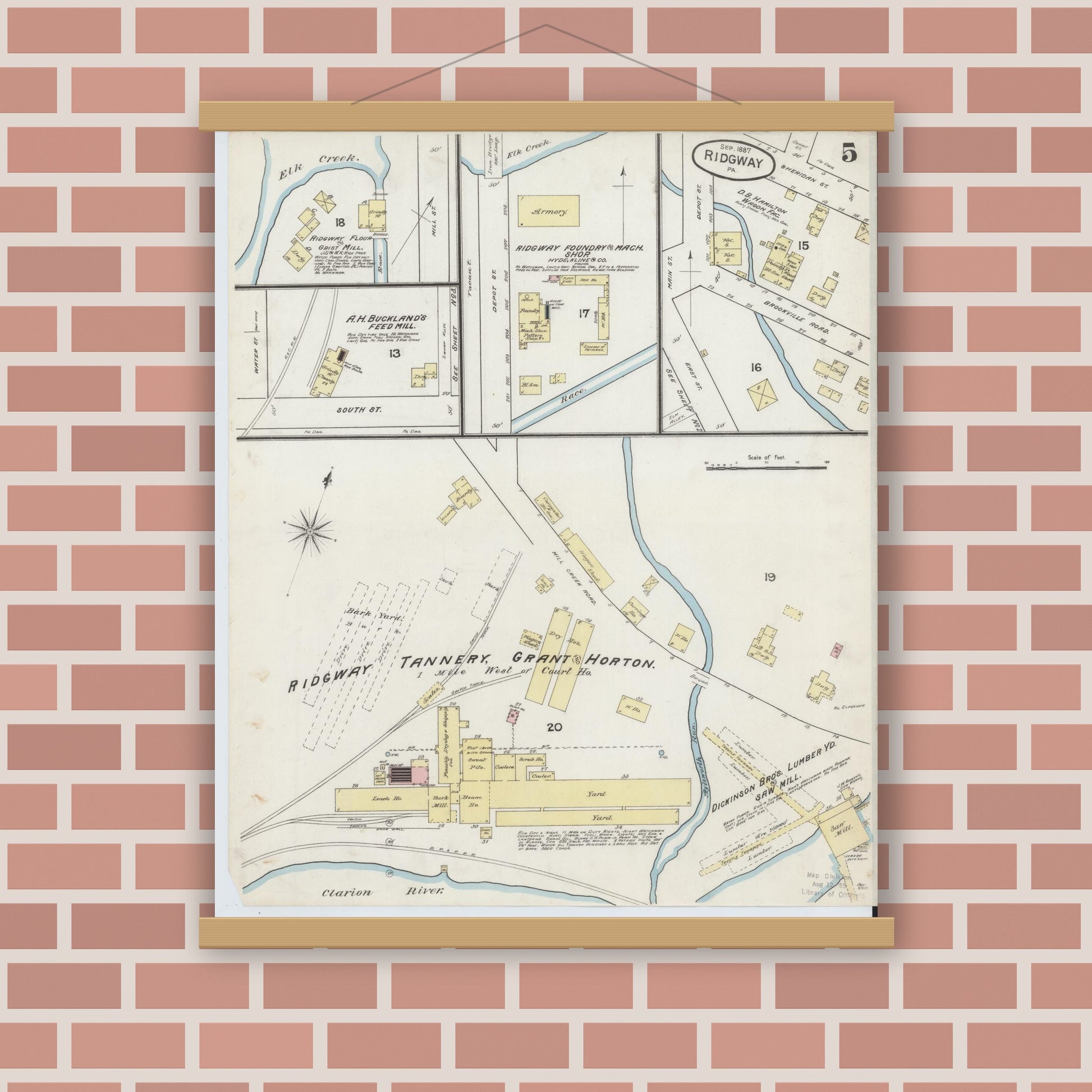 Old map wall art mockup — magnetic wood frame on brick wall — Sanborn Fire Insurance Map from Ridgway, Elk County, Pennsylvania (1887), Sheet #0005