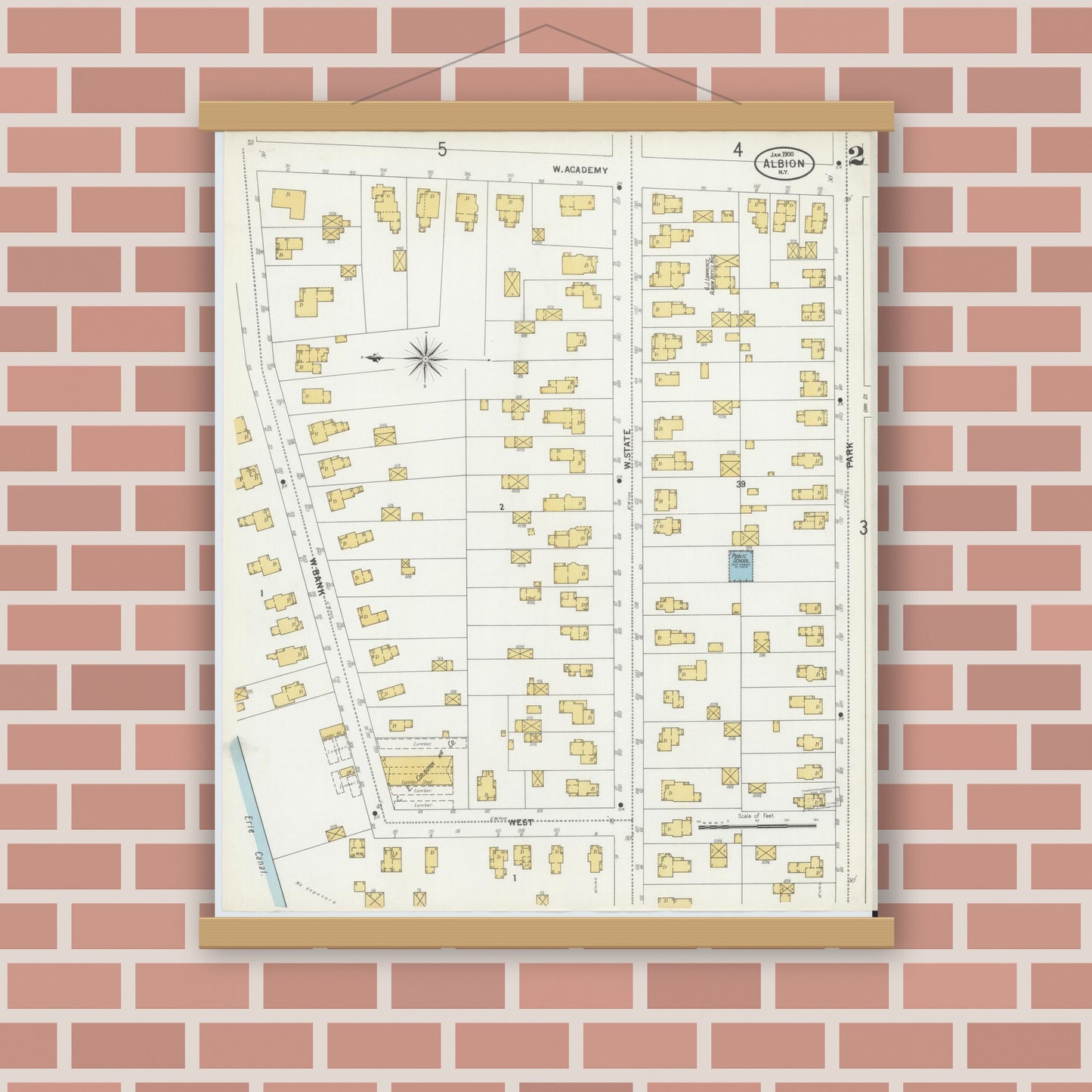 Old map wall art mockup — magnetic wood frame on brick wall — Sanborn Fire Insurance Map from Albion, Orleans County, New York (1900) - Complete Map Set