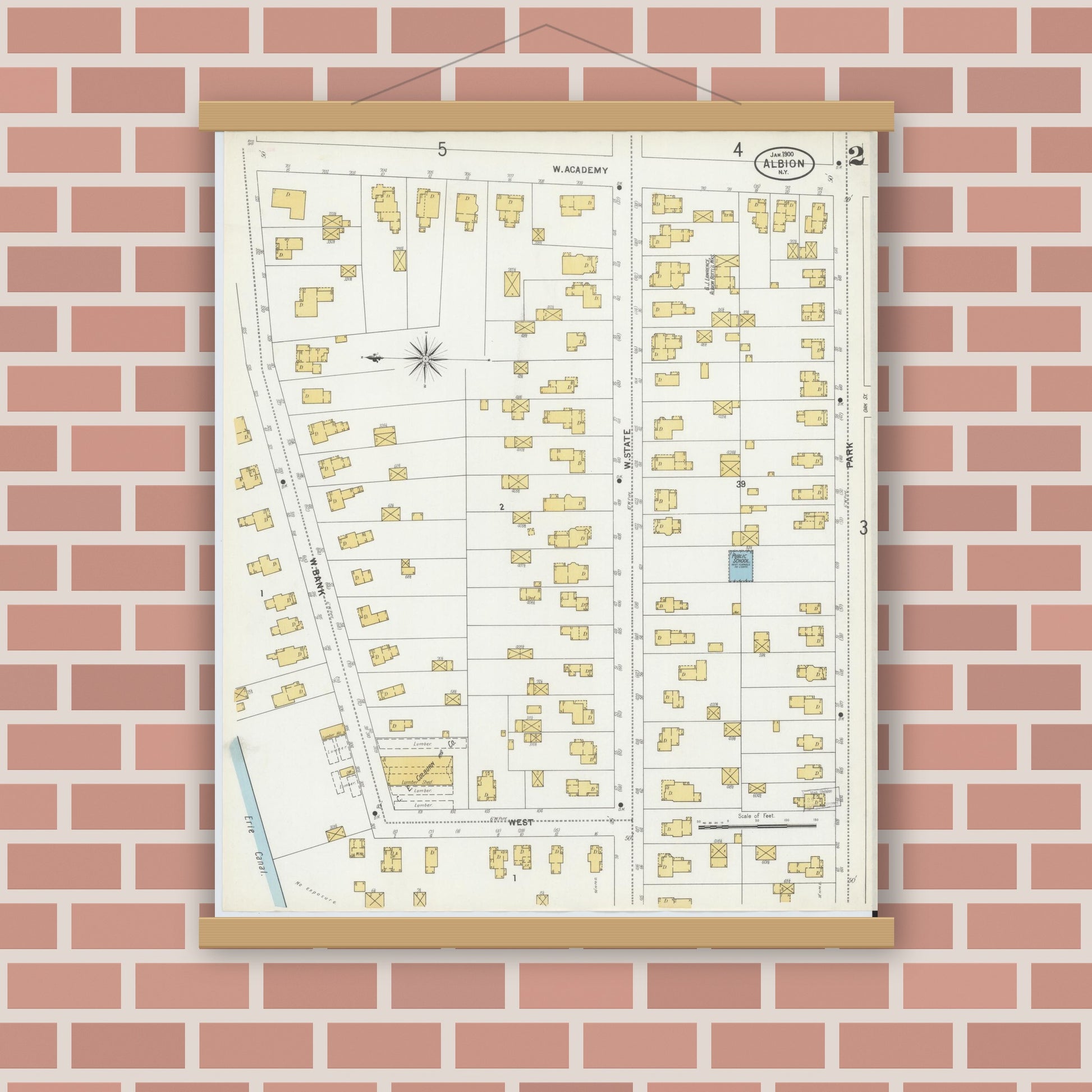 Old map wall art mockup — magnetic wood frame on brick wall — Sanborn Fire Insurance Map from Albion, Orleans County, New York (1900) - Complete Map Set