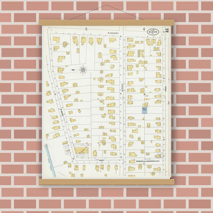 Old map wall art mockup — magnetic wood frame on brick wall — Sanborn Fire Insurance Map from Albion, Orleans County, New York (1900) - Complete Map Set