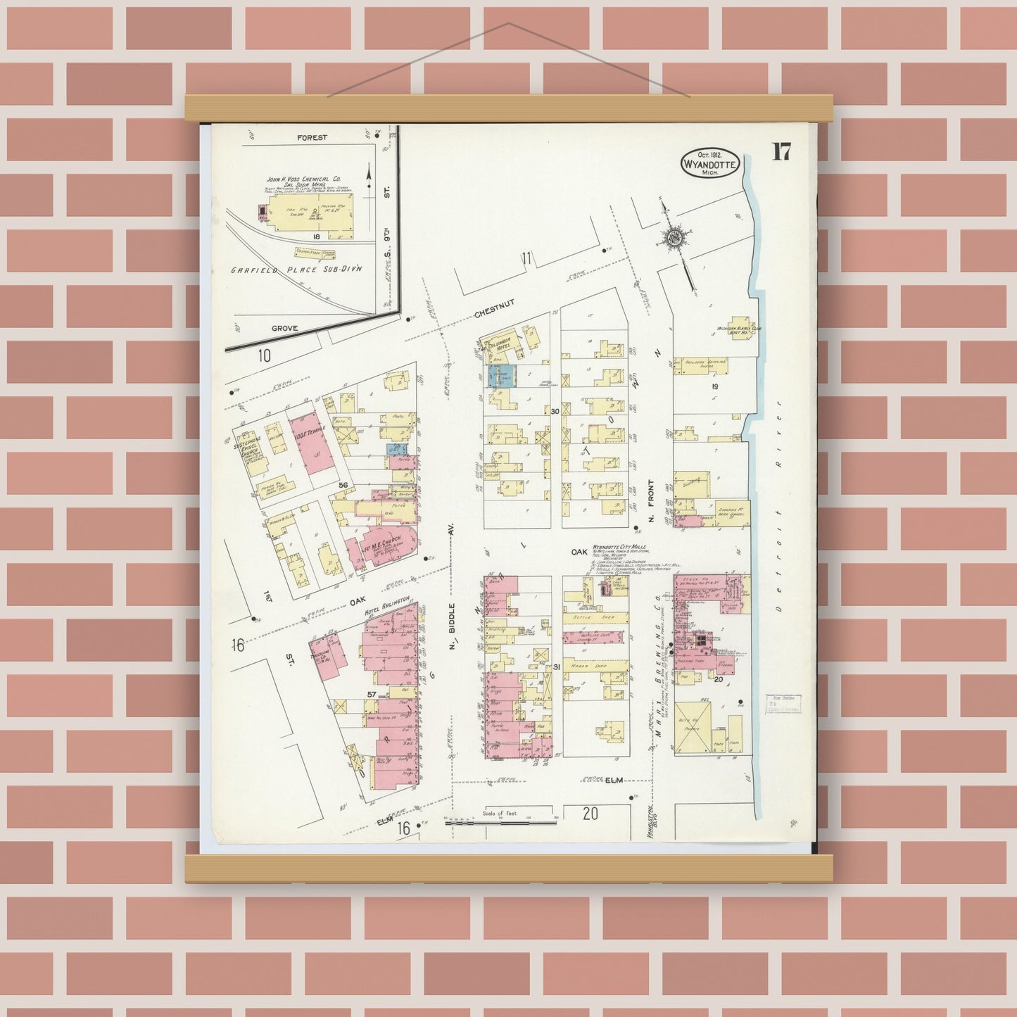 Old map wall art mockup — magnetic wood frame on brick wall — Sanborn Fire Insurance Map from Wyandotte, Wayne County, Michigan (1912), Sheet #0017