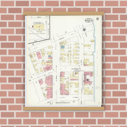 Old map wall art mockup — magnetic wood frame on brick wall — Sanborn Fire Insurance Map from Wyandotte, Wayne County, Michigan (1912), Sheet #0017