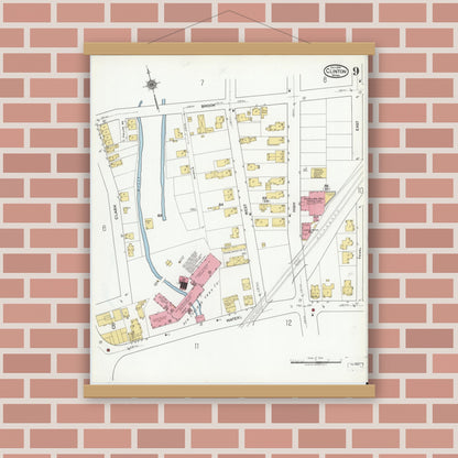 Old map wall art mockup — magnetic wood frame on brick wall — Sanborn Fire Insurance Map from Clinton, Worcester County, Massachusetts (1919), Sheet #0009