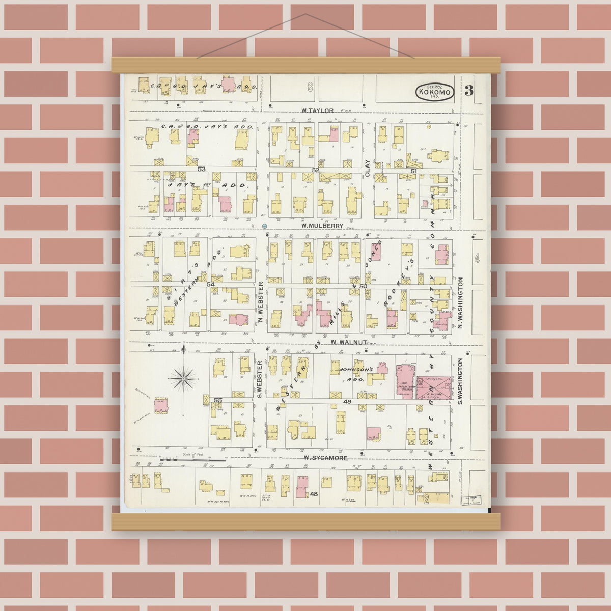 Old map wall art mockup — magnetic wood frame on brick wall — Sanborn Fire Insurance Map from Kokomo, Howard County, Indiana (1892), Sheet #0003