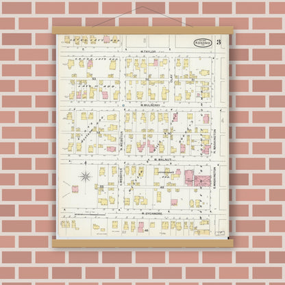 Old map wall art mockup — magnetic wood frame on brick wall — Sanborn Fire Insurance Map from Kokomo, Howard County, Indiana (1892), Sheet #0003