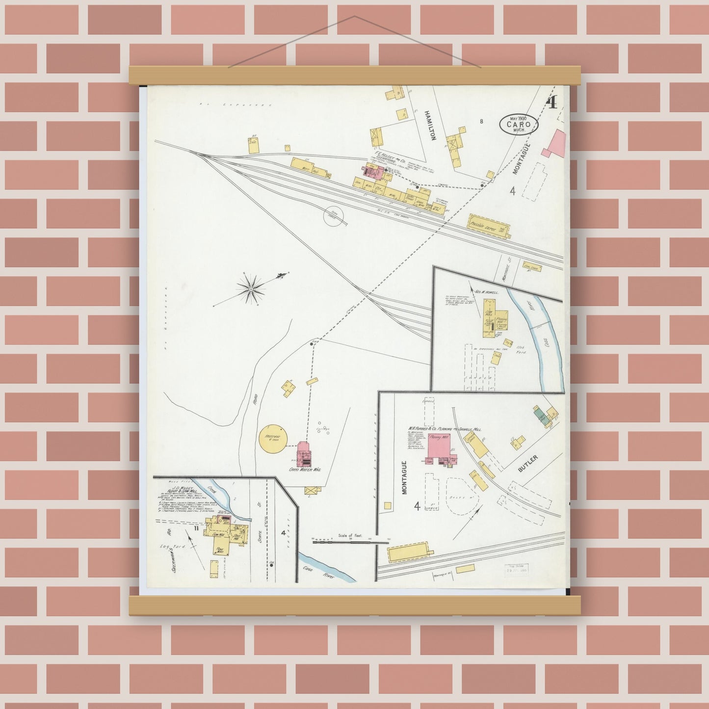 Old map wall art mockup — magnetic wood frame on brick wall — Sanborn Fire Insurance Map from Caro, Tuscola County, Michigan (1900), Sheet #0004