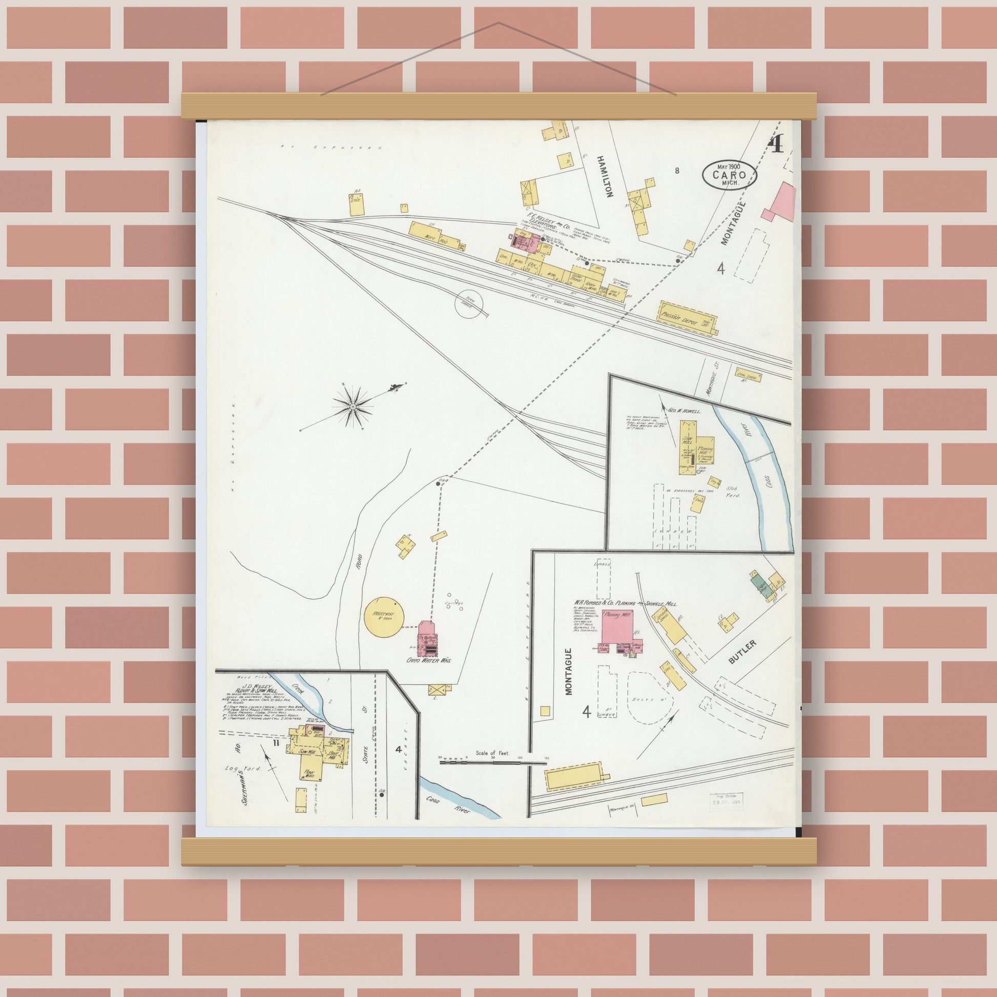 Old map wall art mockup — magnetic wood frame on brick wall — Sanborn Fire Insurance Map from Caro, Tuscola County, Michigan (1900), Sheet #0004