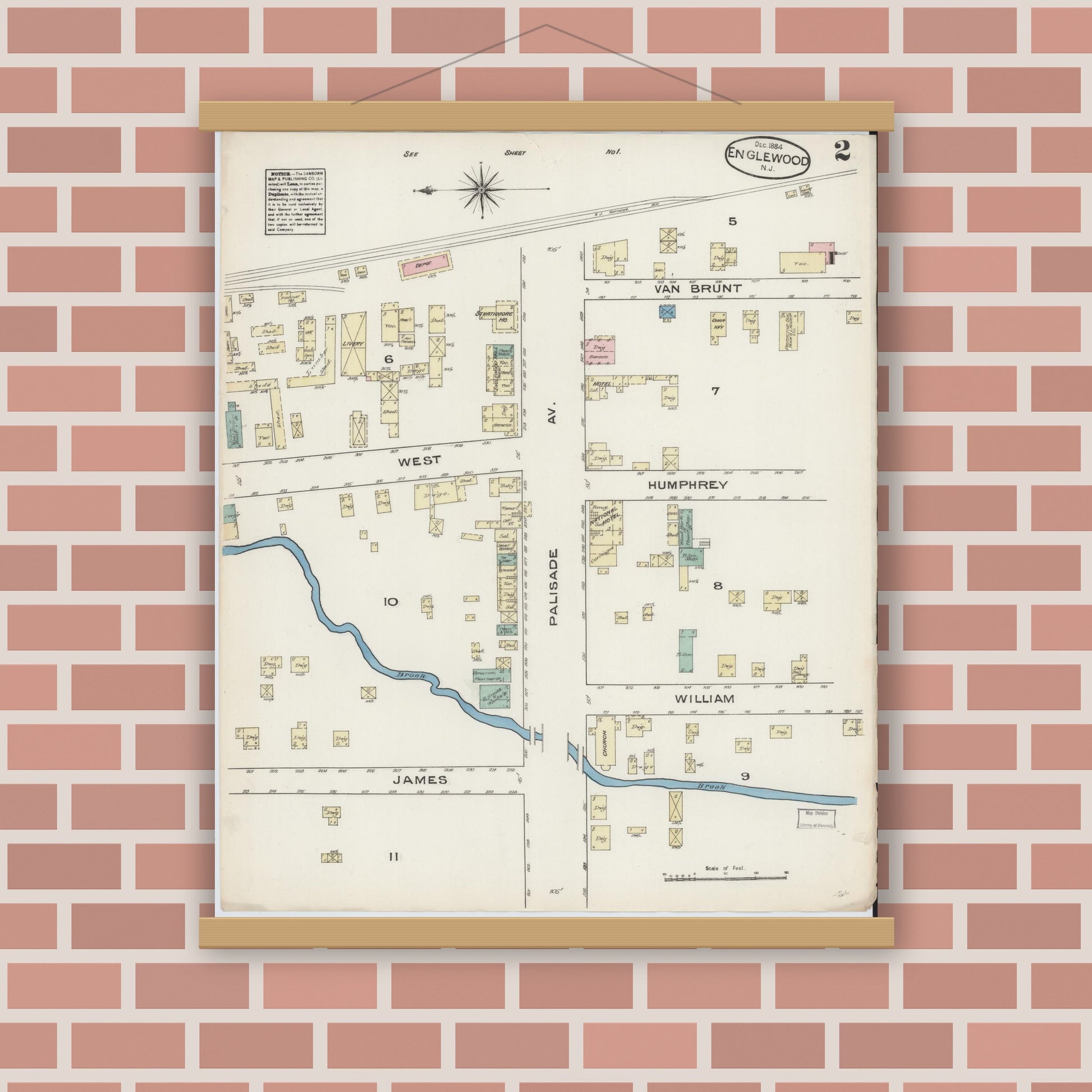 Old map wall art mockup — magnetic wood frame on brick wall — Sanborn Fire Insurance Map from Englewood, Bergen County, New Jersey (1884), Sheet #0002