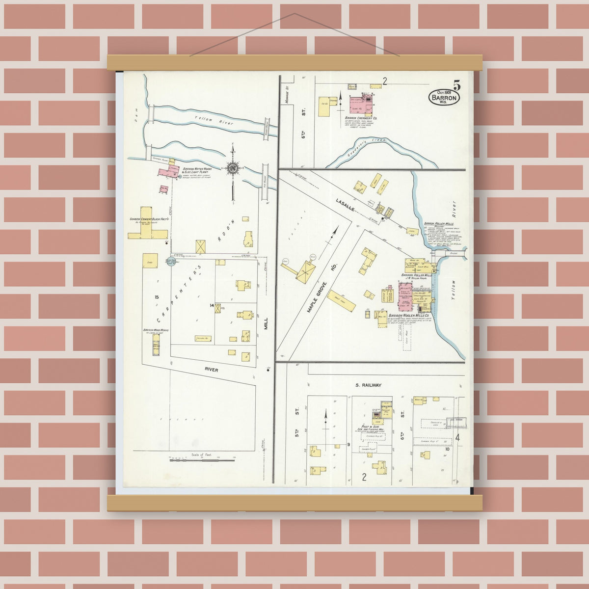 Old map wall art mockup — magnetic wood frame on brick wall — Sanborn Fire Insurance Map from Barron, Barron County, Wisconsin (1909), Sheet #0005