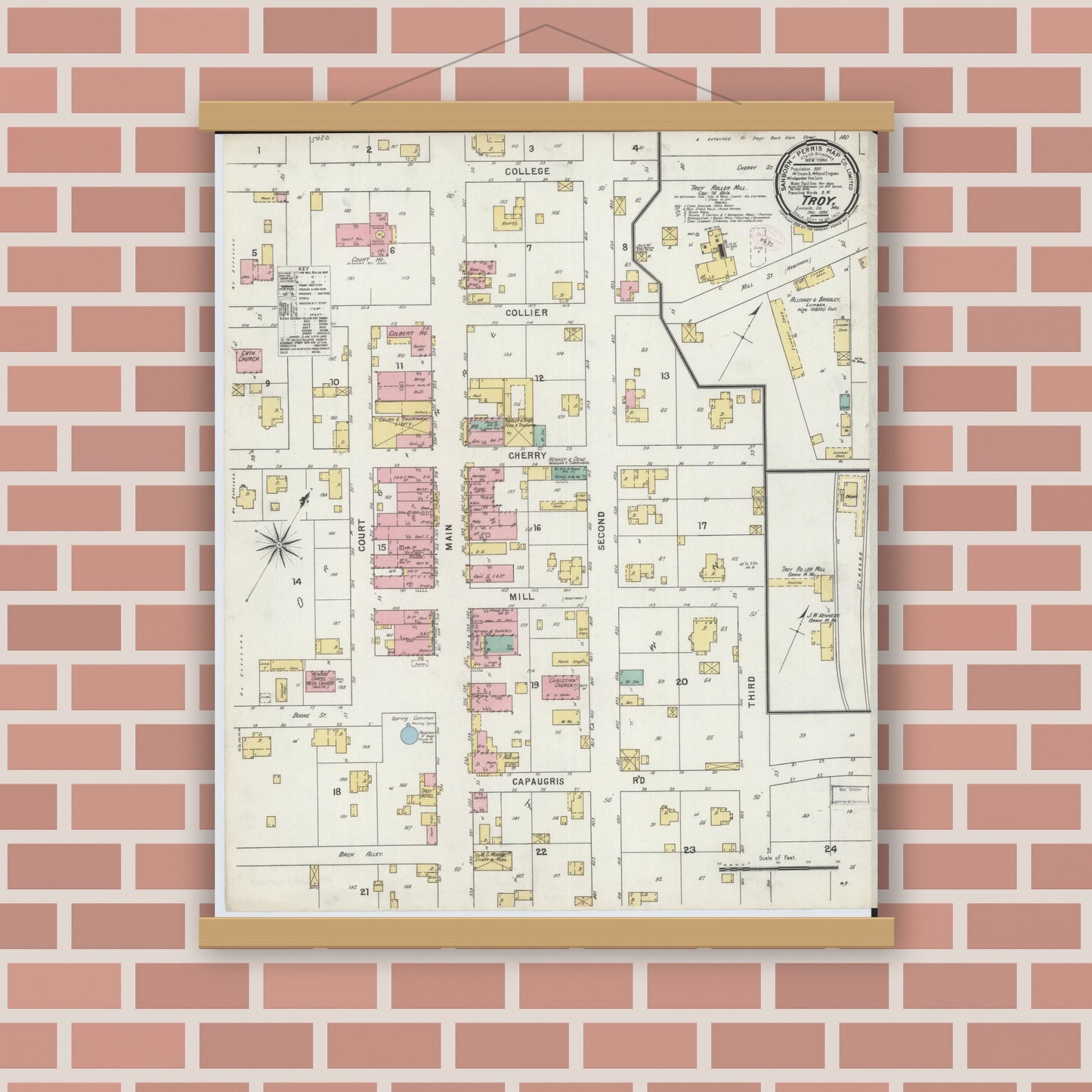 Old map wall art mockup — magnetic wood frame on brick wall — Sanborn Fire Insurance Map from Troy, Lincoln County, Missouri (1895), Sheet #0001