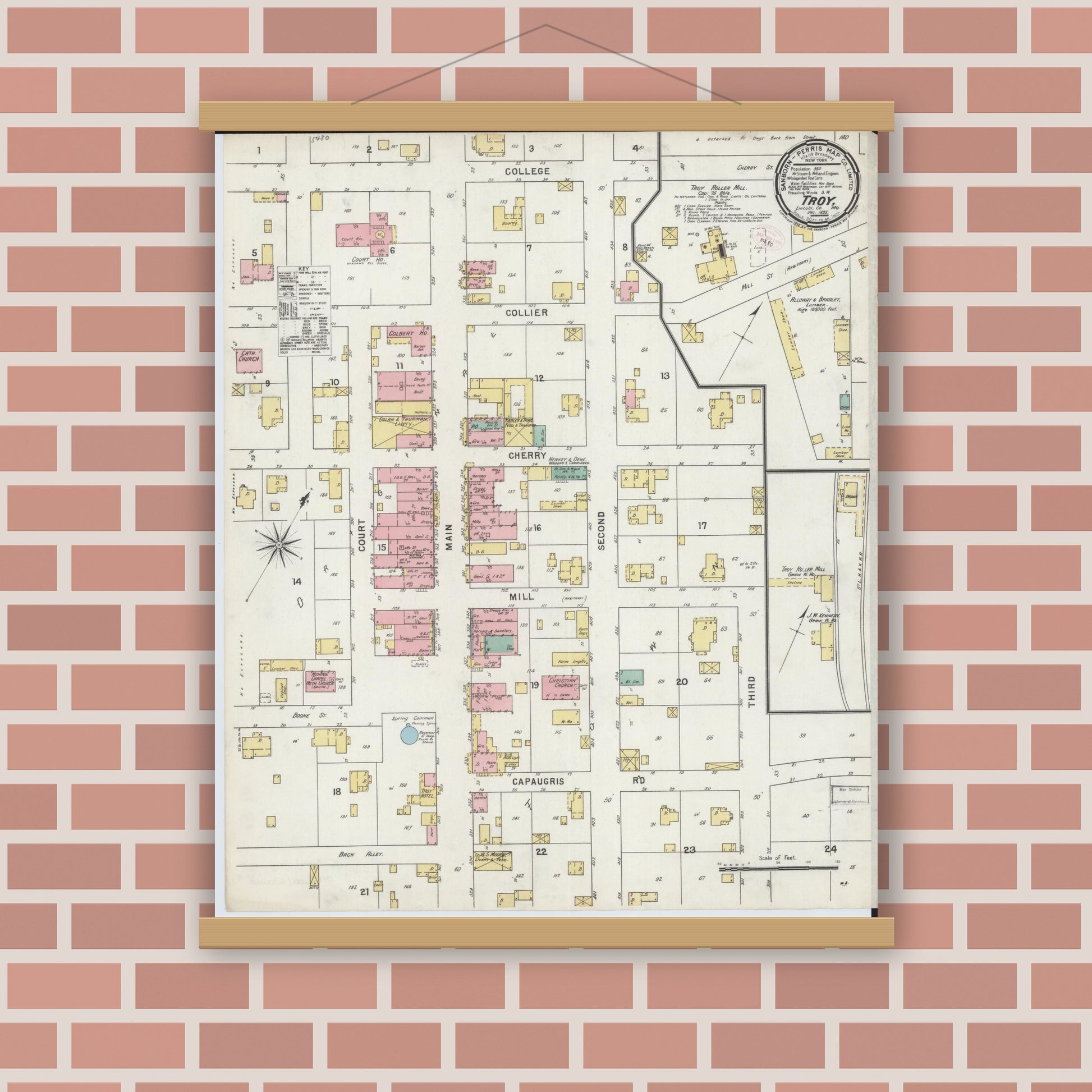 Old map wall art mockup — magnetic wood frame on brick wall — Sanborn Fire Insurance Map from Troy, Lincoln County, Missouri (1895), Sheet #0001