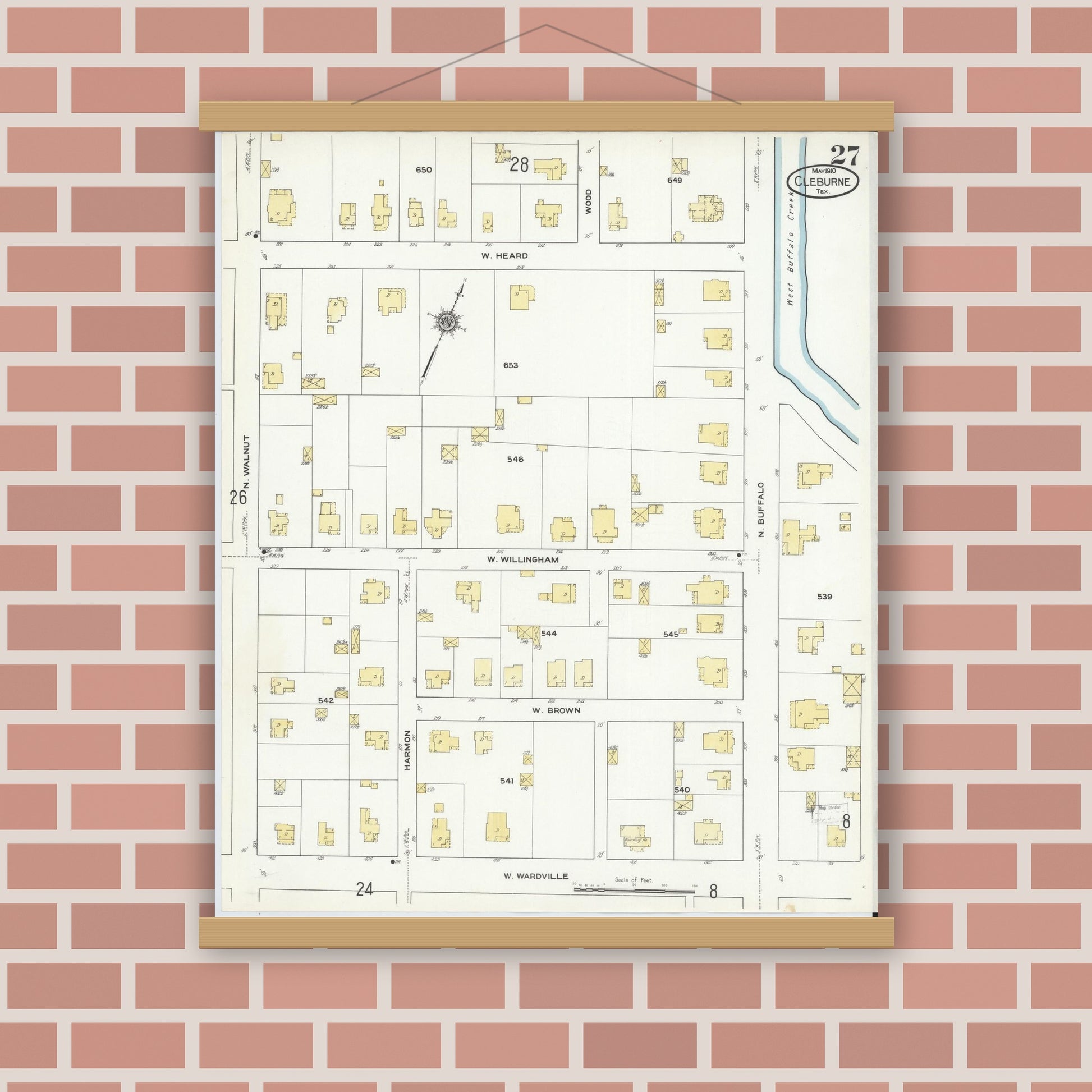 Old map wall art mockup — magnetic wood frame on brick wall — Sanborn Fire Insurance Map from Cleburne, Johnson County, Texas (1910), Sheet #0027