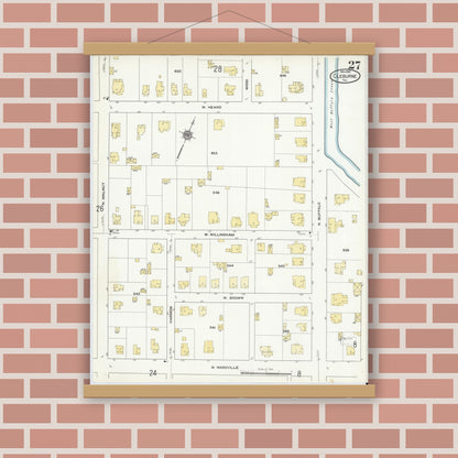 Old map wall art mockup — magnetic wood frame on brick wall — Sanborn Fire Insurance Map from Cleburne, Johnson County, Texas (1910), Sheet #0027