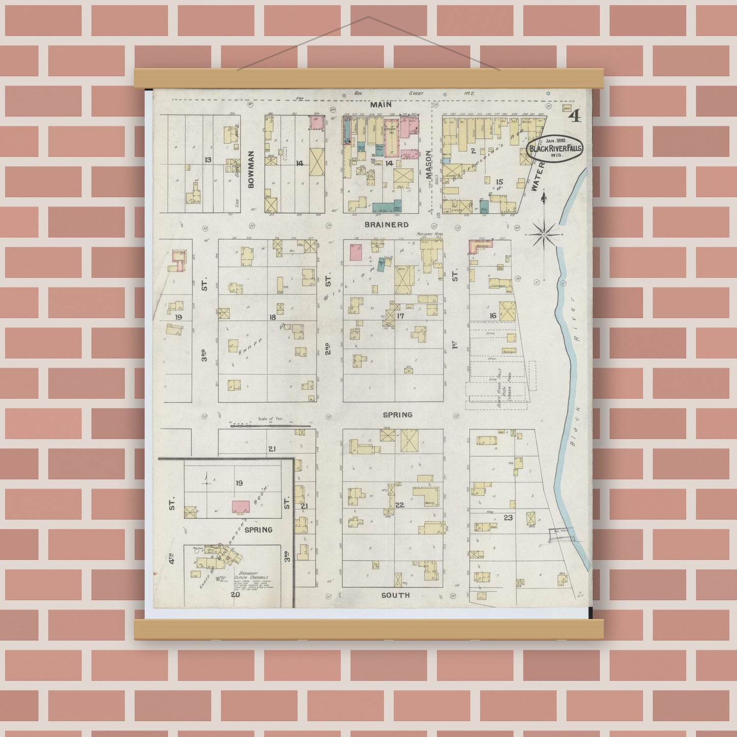 Old map wall art mockup — magnetic wood frame on brick wall — Sanborn Fire Insurance Map from Black River Falls, Jackson County, Wisconsin (1892), Sheet #0004