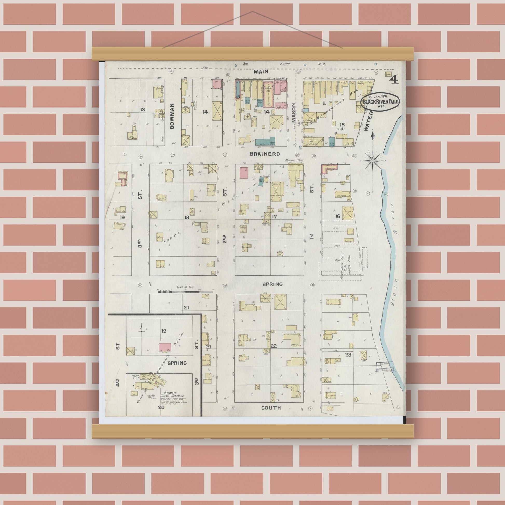 Old map wall art mockup — magnetic wood frame on brick wall — Sanborn Fire Insurance Map from Black River Falls, Jackson County, Wisconsin (1892), Sheet #0004