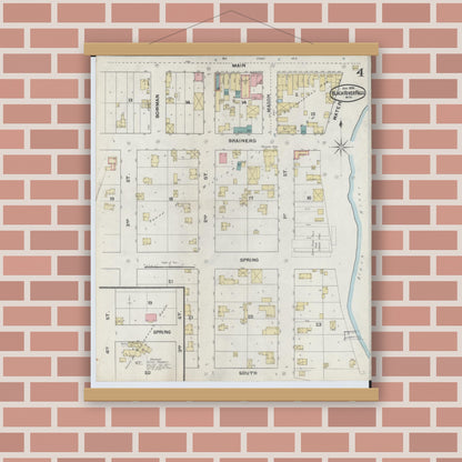 Old map wall art mockup — magnetic wood frame on brick wall — Sanborn Fire Insurance Map from Black River Falls, Jackson County, Wisconsin (1892), Sheet #0004