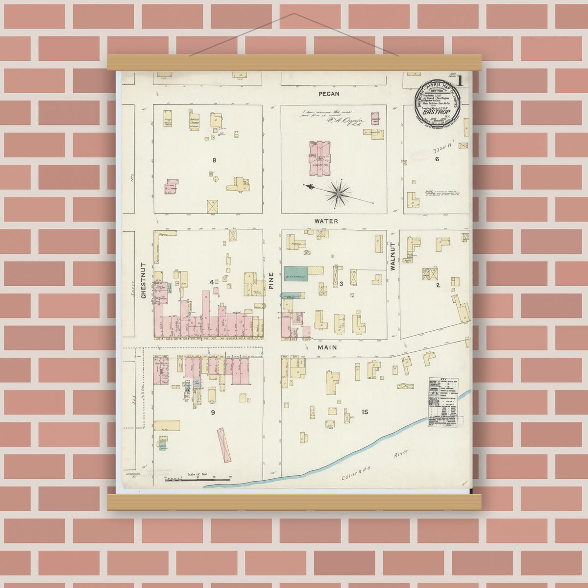 Old map wall art mockup — magnetic wood frame on brick wall — Sanborn Fire Insurance Map from Bastrop, Bastrop County, Texas (1891) - Complete Map Set