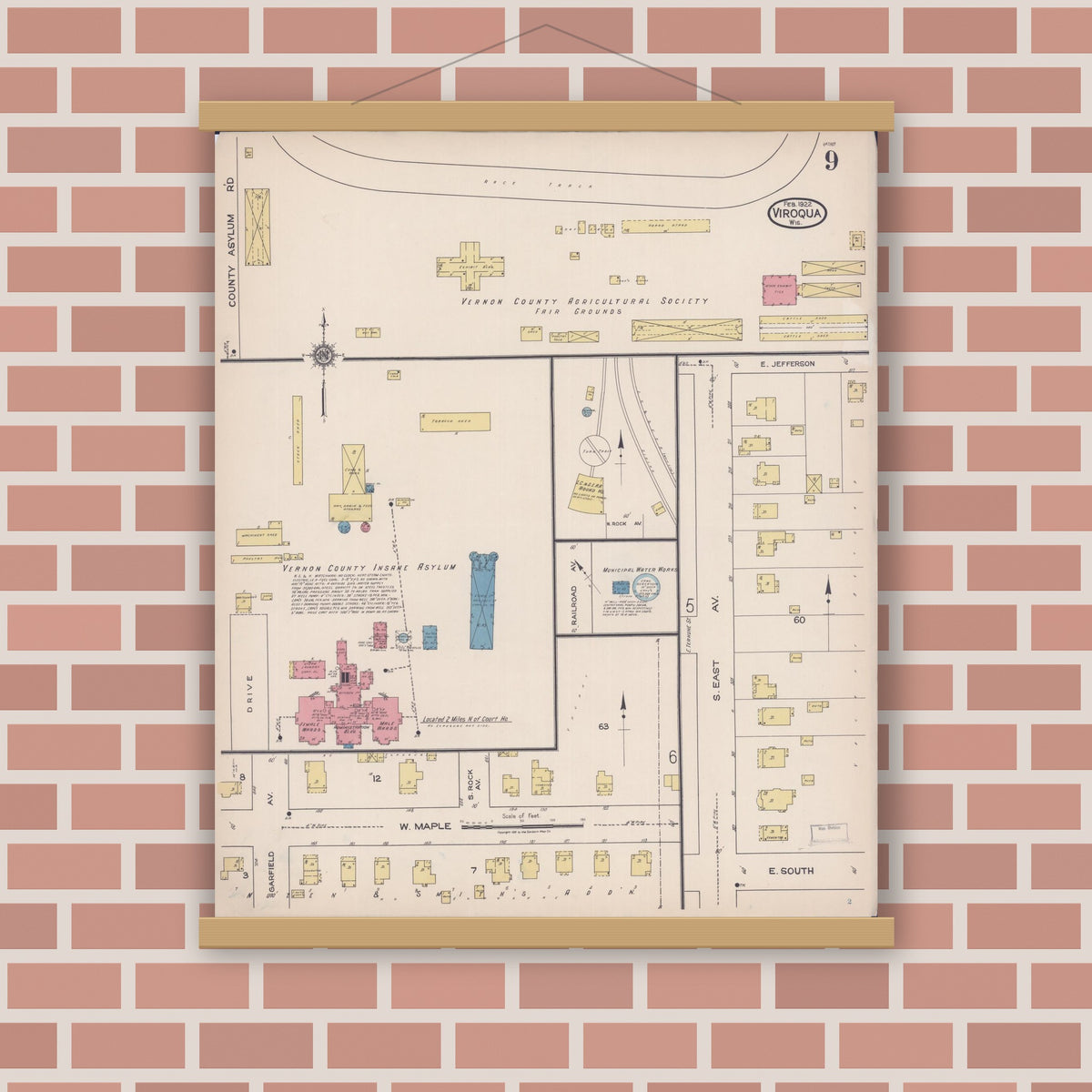 Old map wall art mockup — magnetic wood frame on brick wall — Sanborn Fire Insurance Map from Viroqua, Vernon County, Wisconsin (1922), Sheet #0009