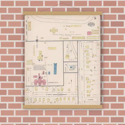 Old map wall art mockup — magnetic wood frame on brick wall — Sanborn Fire Insurance Map from Viroqua, Vernon County, Wisconsin (1922), Sheet #0009