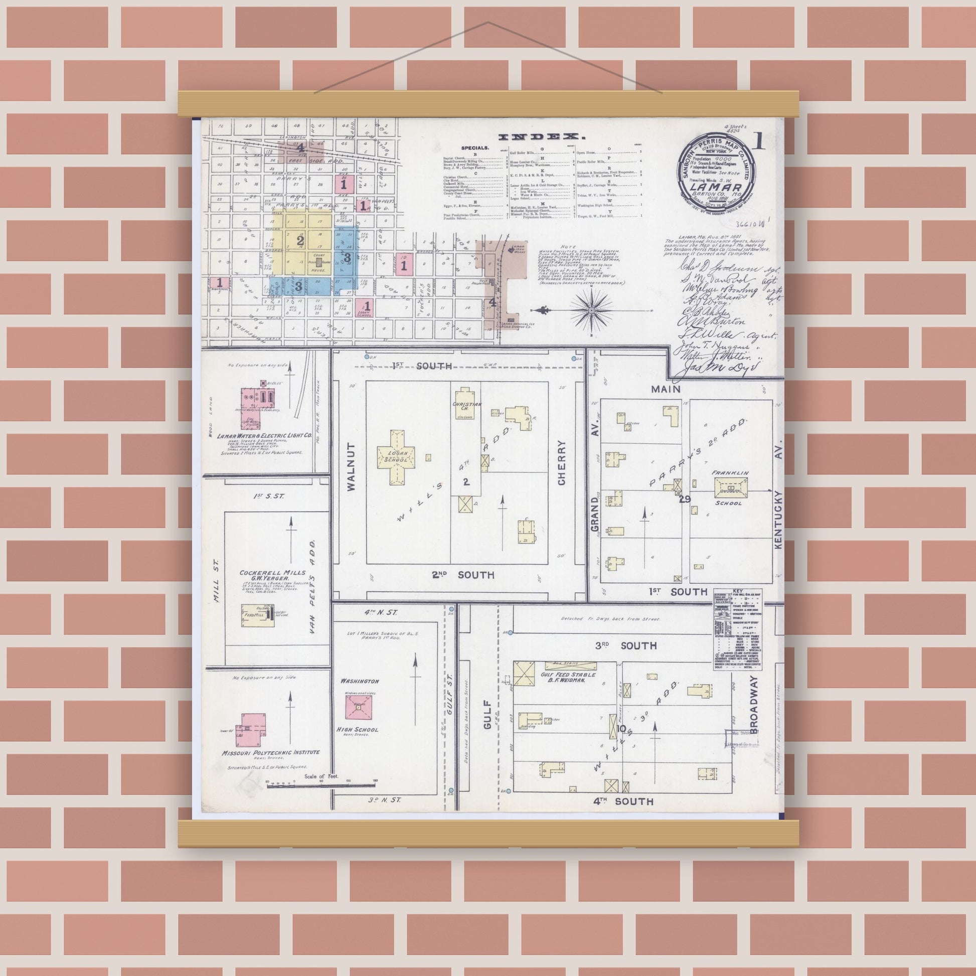 Old map wall art mockup — magnetic wood frame on brick wall — Sanborn Fire Insurance Map from Lamar, Barton County, Missouri (1891), Sheet #0001