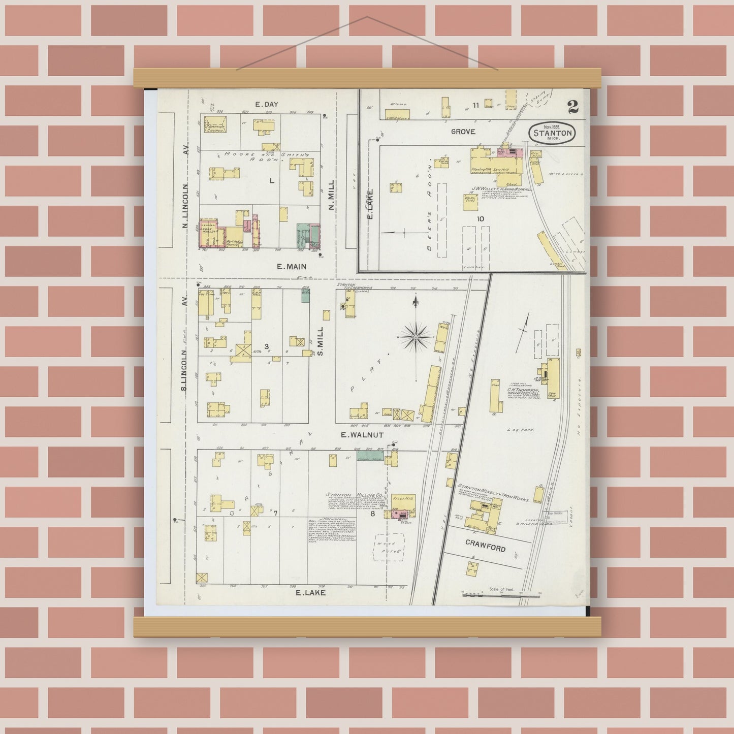 Old map wall art mockup — magnetic wood frame on brick wall — Sanborn Fire Insurance Map from Stanton, Montcalm County, Michigan (1892), Sheet #0002