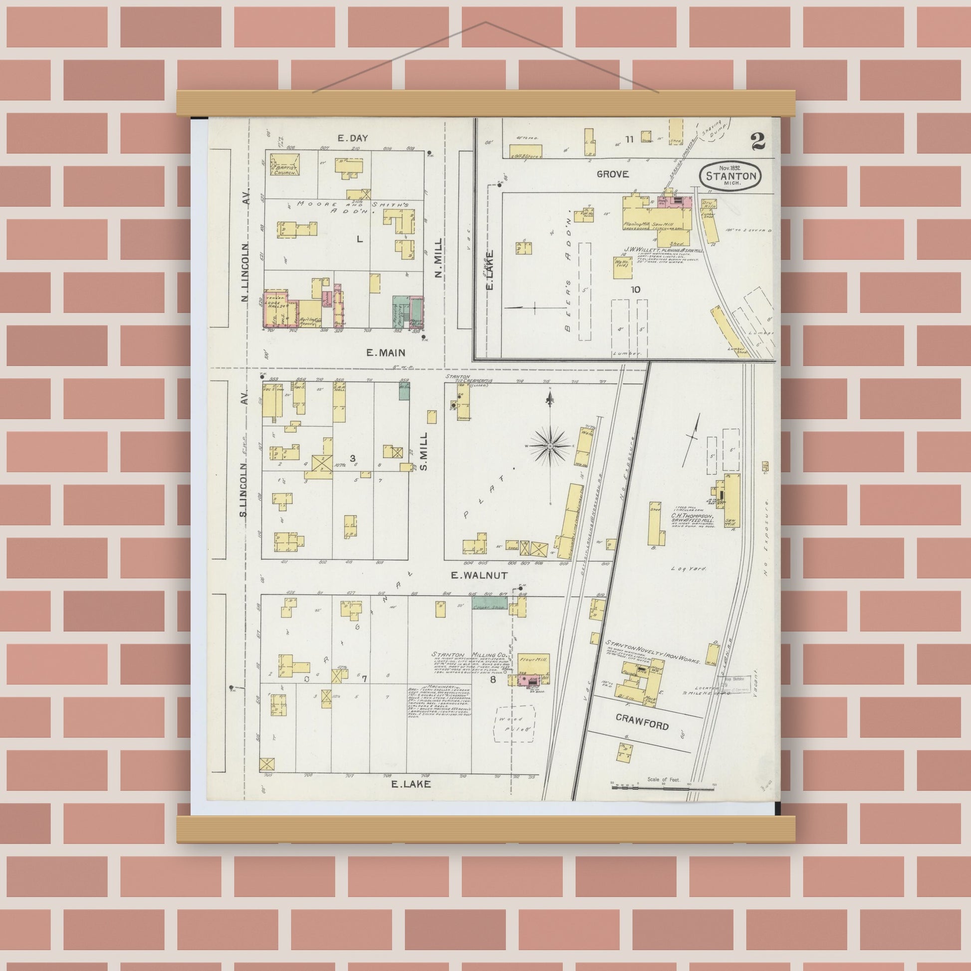 Old map wall art mockup — magnetic wood frame on brick wall — Sanborn Fire Insurance Map from Stanton, Montcalm County, Michigan (1892), Sheet #0002