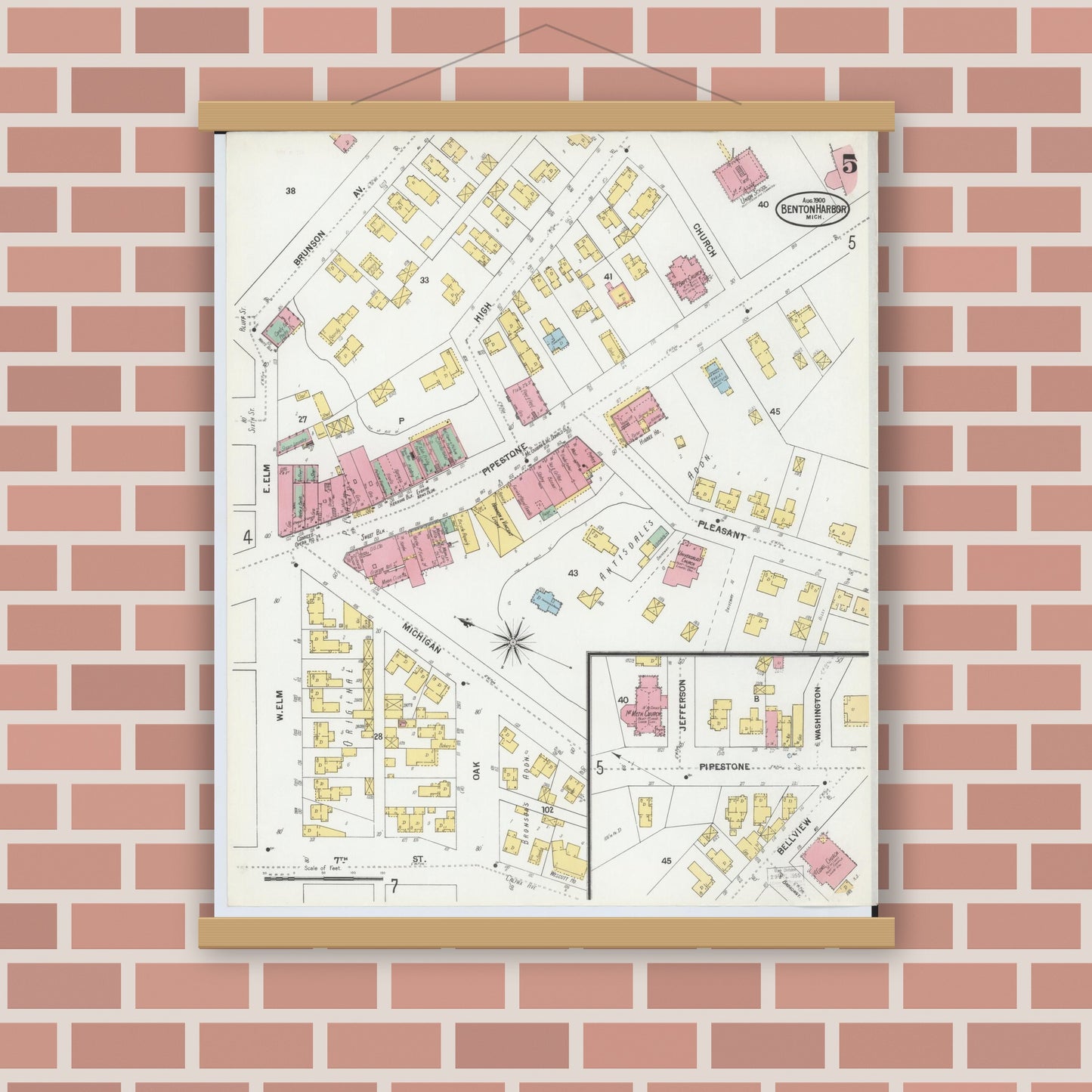 Old map wall art mockup — magnetic wood frame on brick wall — Sanborn Fire Insurance Map from Benton Harbor, Berrien County, Michigan (1900), Sheet #0005