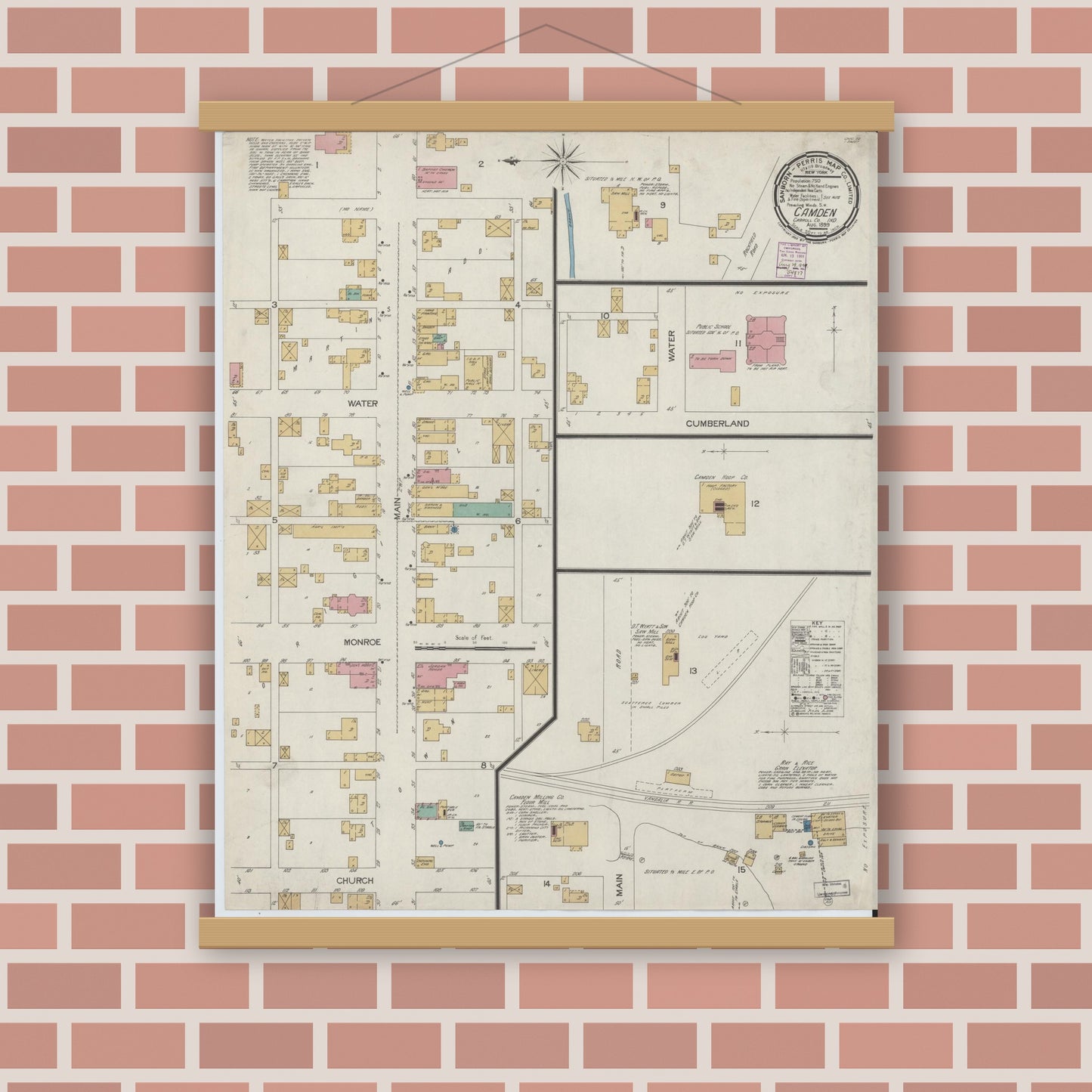 Old map wall art mockup — magnetic wood frame on brick wall — Sanborn Fire Insurance Map from Camden, Carroll County, Indiana (1899), Sheet #0001