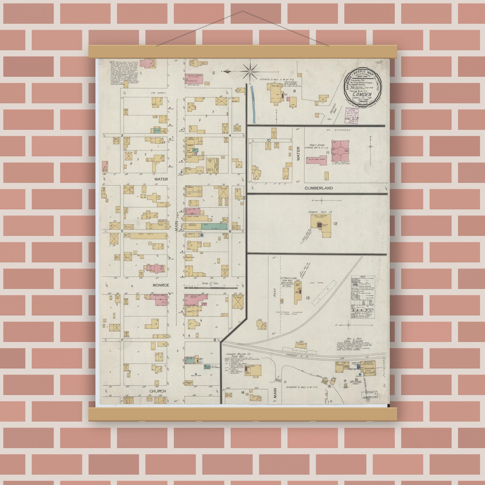 Old map wall art mockup — magnetic wood frame on brick wall — Sanborn Fire Insurance Map from Camden, Carroll County, Indiana (1899), Sheet #0001