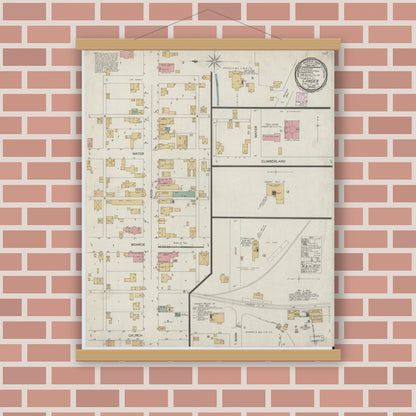 Old map wall art mockup — magnetic wood frame on brick wall — Sanborn Fire Insurance Map from Camden, Carroll County, Indiana (1899), Sheet #0001