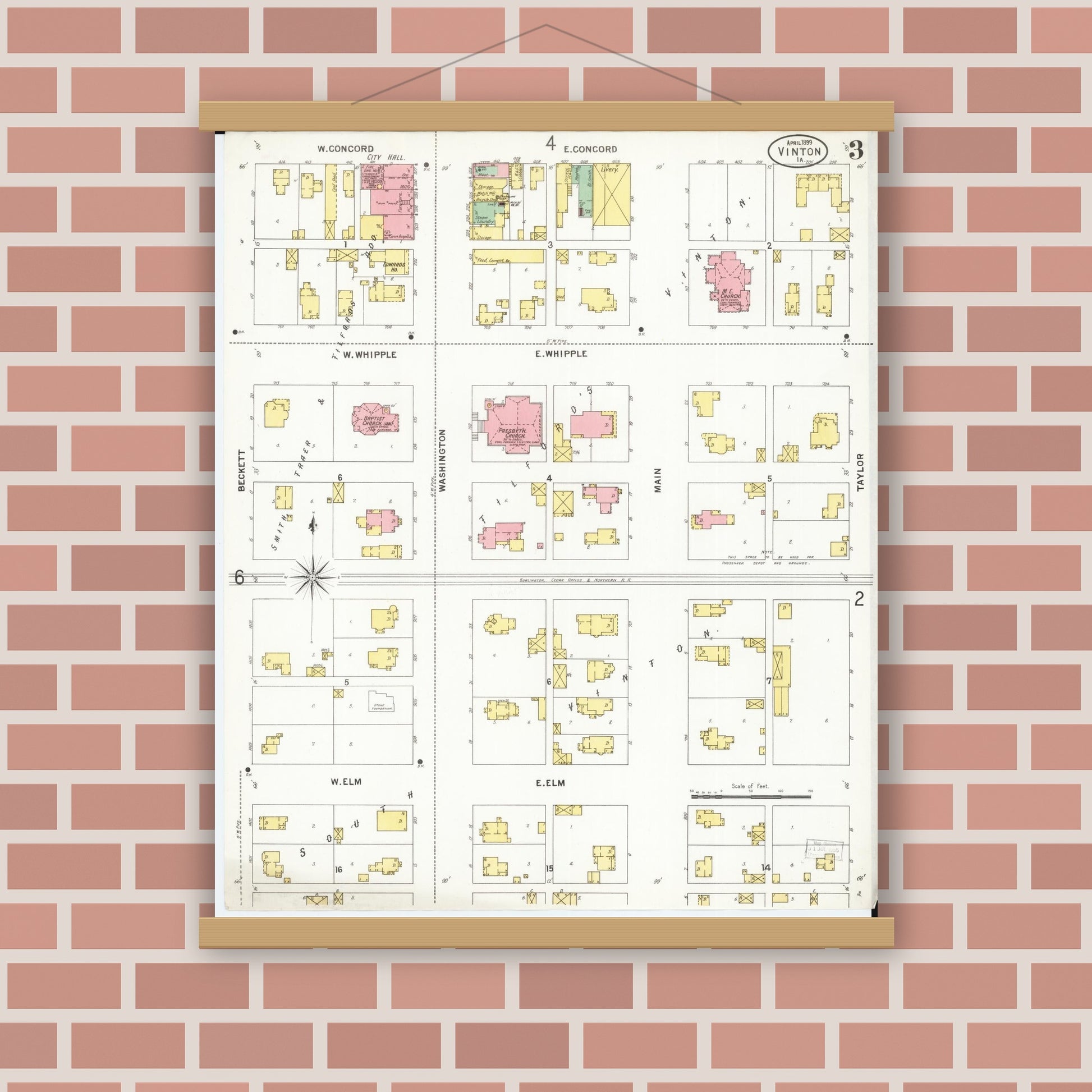 Old map wall art mockup — magnetic wood frame on brick wall — Sanborn Fire Insurance Map from Vinton, Benton County, Iowa (1899), Sheet #0003