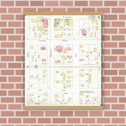 Old map wall art mockup — magnetic wood frame on brick wall — Sanborn Fire Insurance Map from Vinton, Benton County, Iowa (1899), Sheet #0003