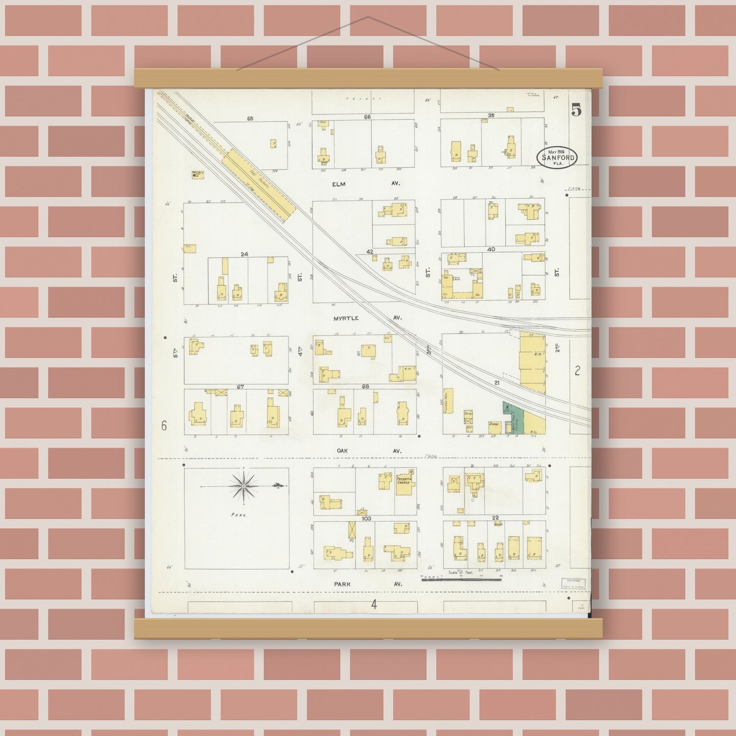Old map wall art mockup — magnetic wood frame on brick wall — Sanborn Fire Insurance Map from Sanford, Seminole County, Florida (1906), Sheet #0005