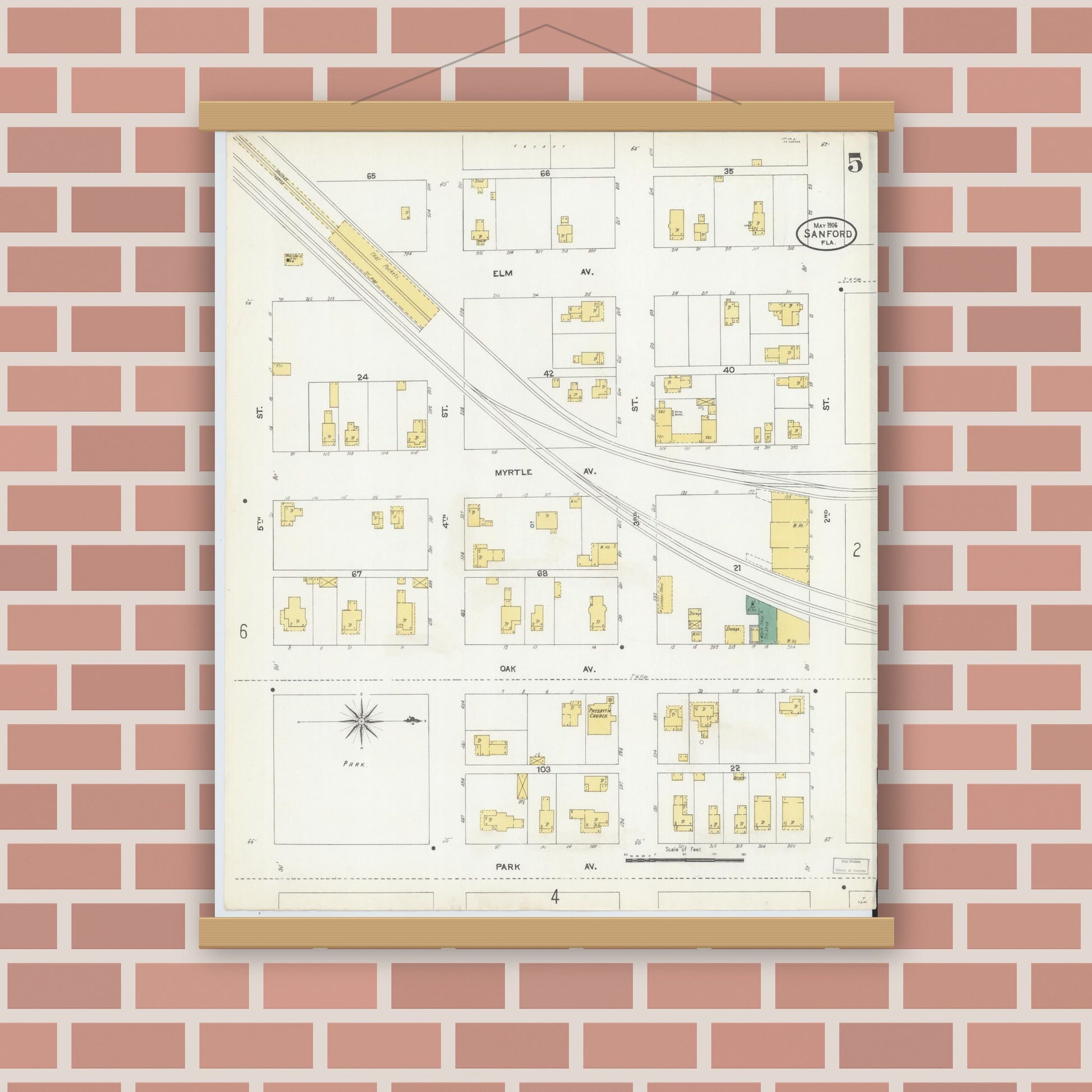 Old map wall art mockup — magnetic wood frame on brick wall — Sanborn Fire Insurance Map from Sanford, Seminole County, Florida (1906), Sheet #0005