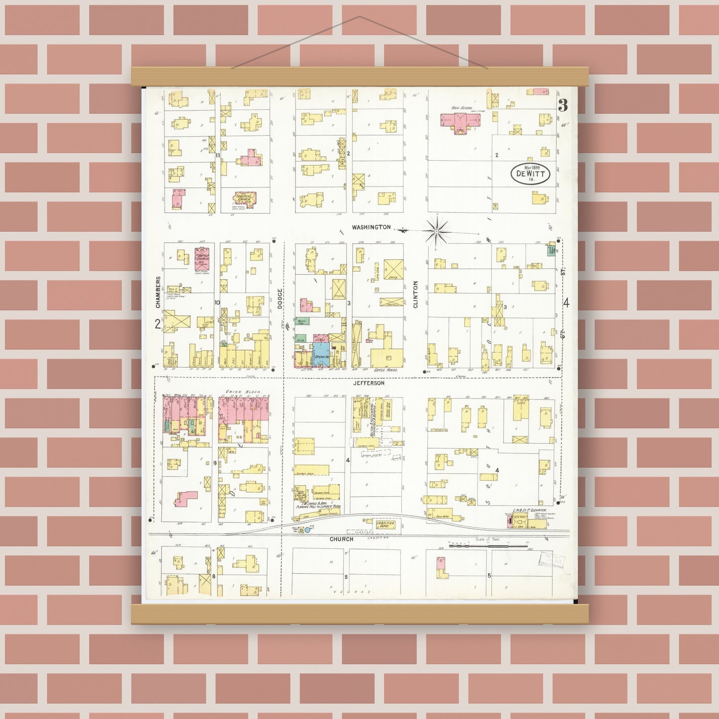 Old map wall art mockup — magnetic wood frame on brick wall — Sanborn Fire Insurance Map from De Witt, Clinton County, Iowa (1899), Sheet #0003