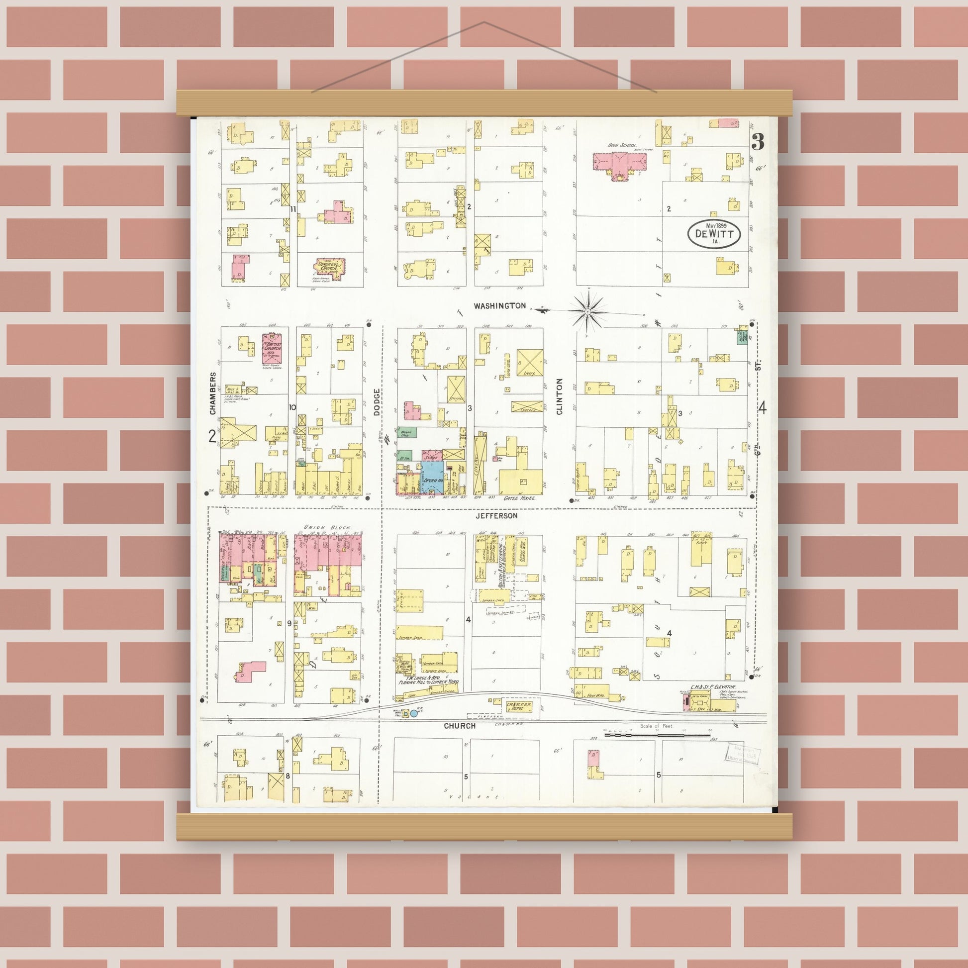 Old map wall art mockup — magnetic wood frame on brick wall — Sanborn Fire Insurance Map from De Witt, Clinton County, Iowa (1899), Sheet #0003
