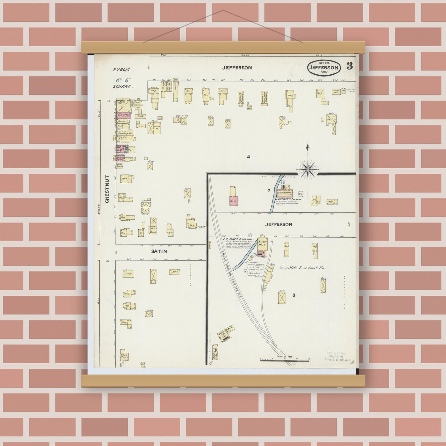 Old map wall art mockup — magnetic wood frame on brick wall — Sanborn Fire Insurance Map from Jefferson, Ashtabula County, Ohio (1890), Sheet #0003