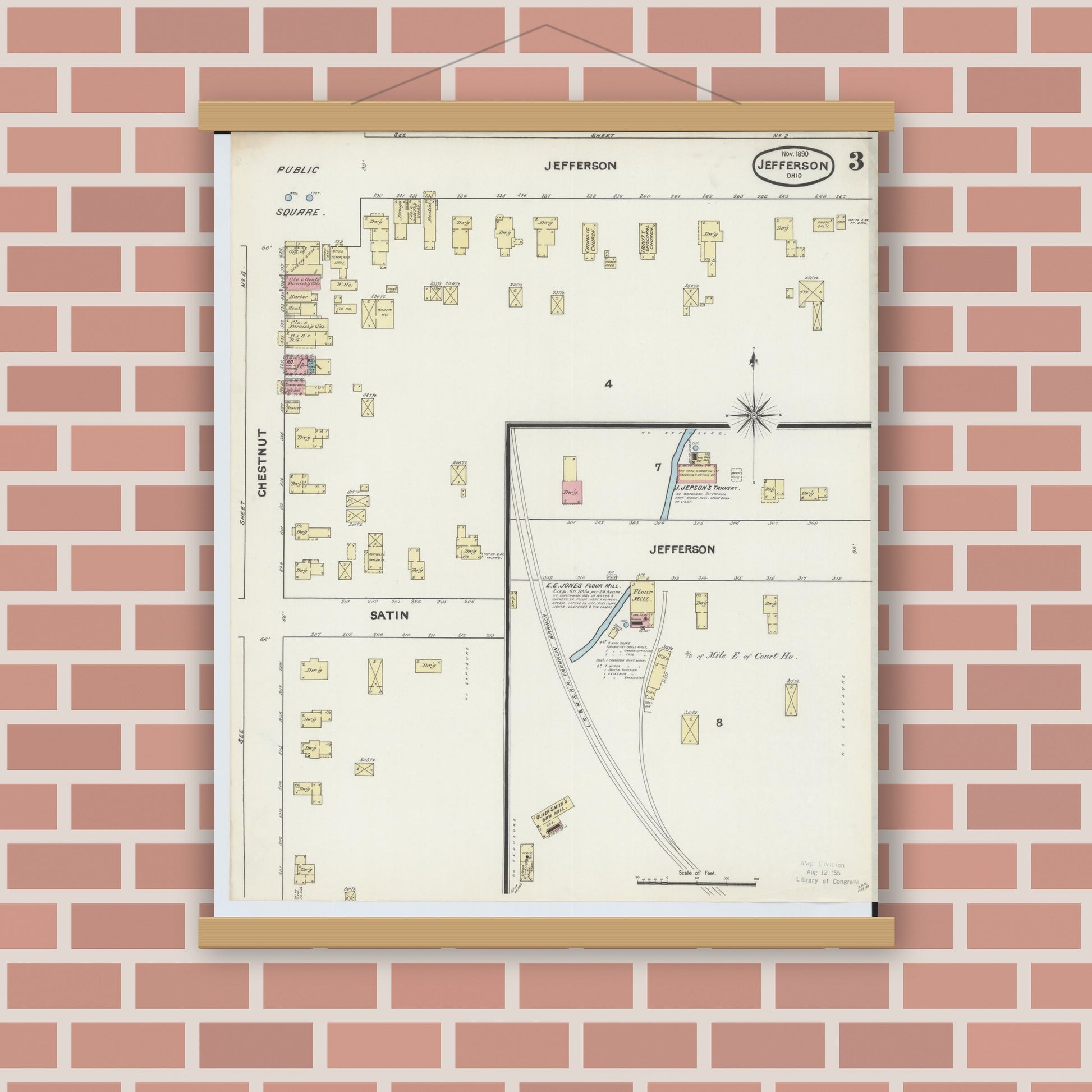 Old map wall art mockup — magnetic wood frame on brick wall — Sanborn Fire Insurance Map from Jefferson, Ashtabula County, Ohio (1890), Sheet #0003