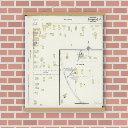Old map wall art mockup — magnetic wood frame on brick wall — Sanborn Fire Insurance Map from Jefferson, Ashtabula County, Ohio (1890), Sheet #0003