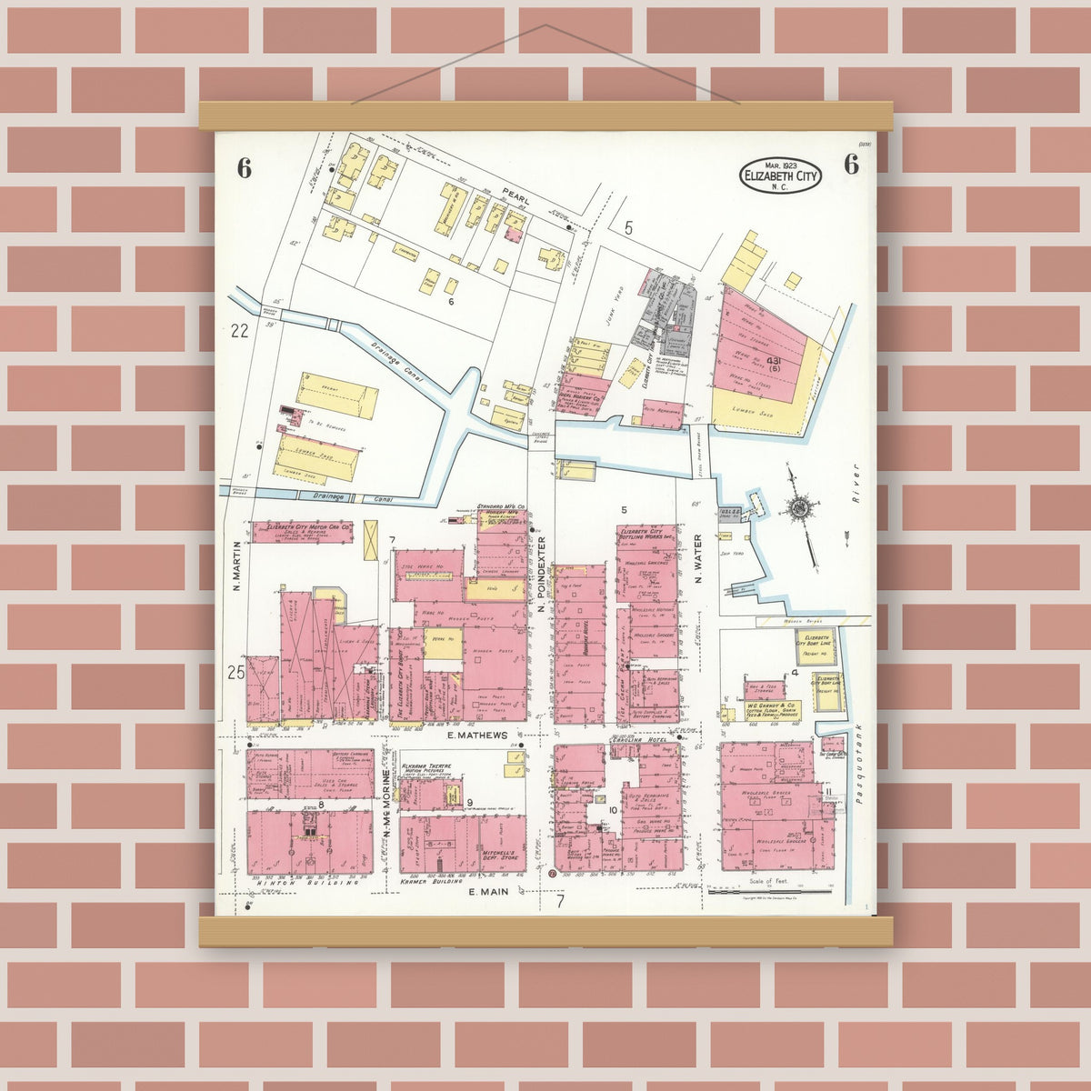 Old map wall art mockup — magnetic wood frame on brick wall — Sanborn Fire Insurance Map from Elizabeth City, Pasquotank County, North Carolina (1923), Sheet #0006