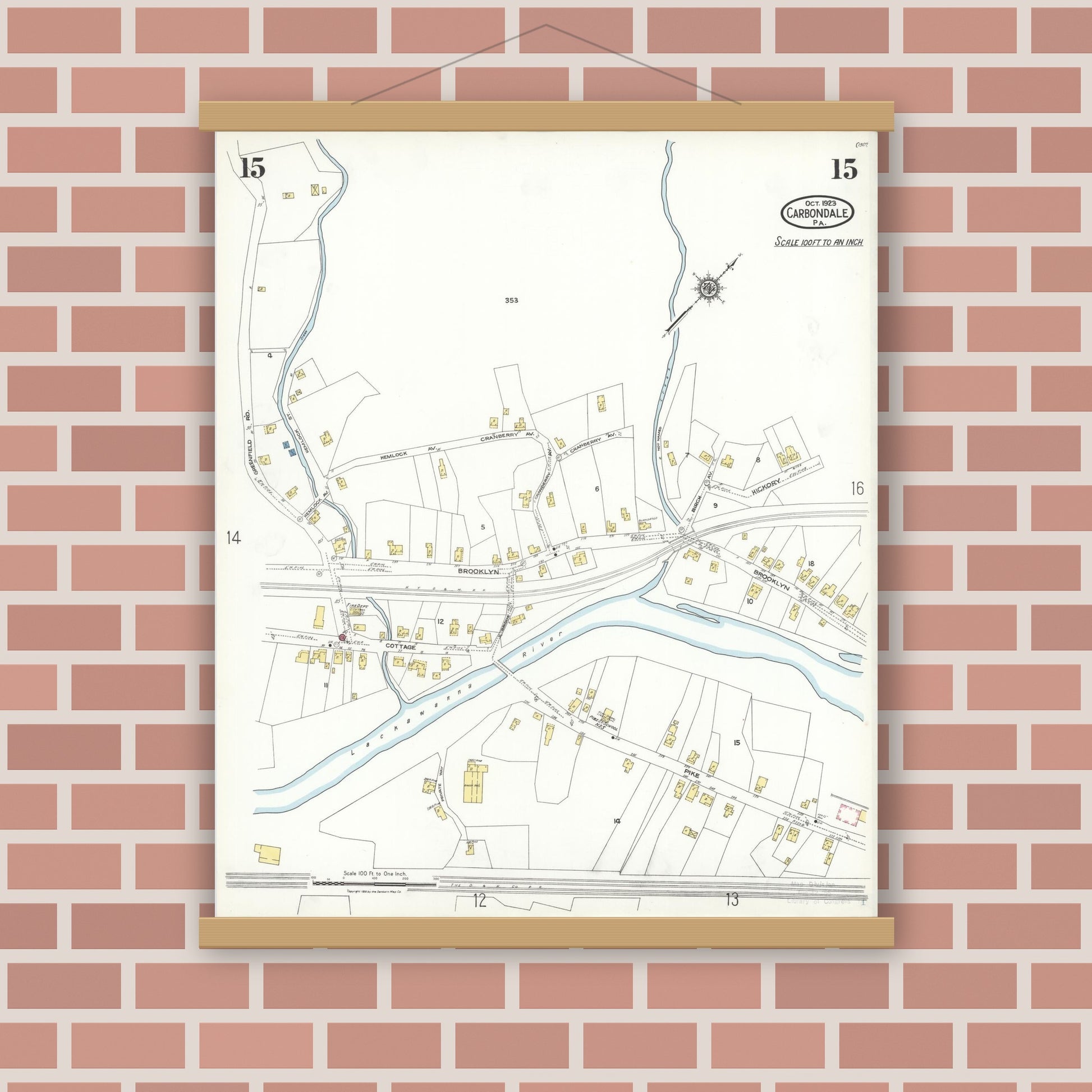 Old map wall art mockup — magnetic wood frame on brick wall — Sanborn Fire Insurance Map from Carbondale, Lackawanna County, Pennsylvania (1923), Sheet #0015