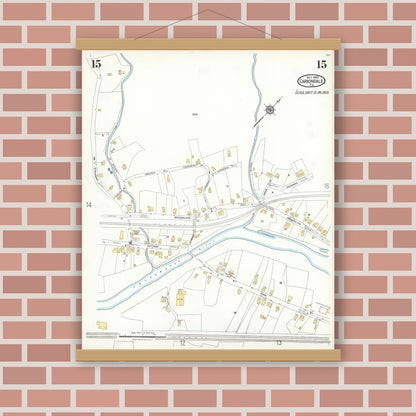 Old map wall art mockup — magnetic wood frame on brick wall — Sanborn Fire Insurance Map from Carbondale, Lackawanna County, Pennsylvania (1923), Sheet #0015