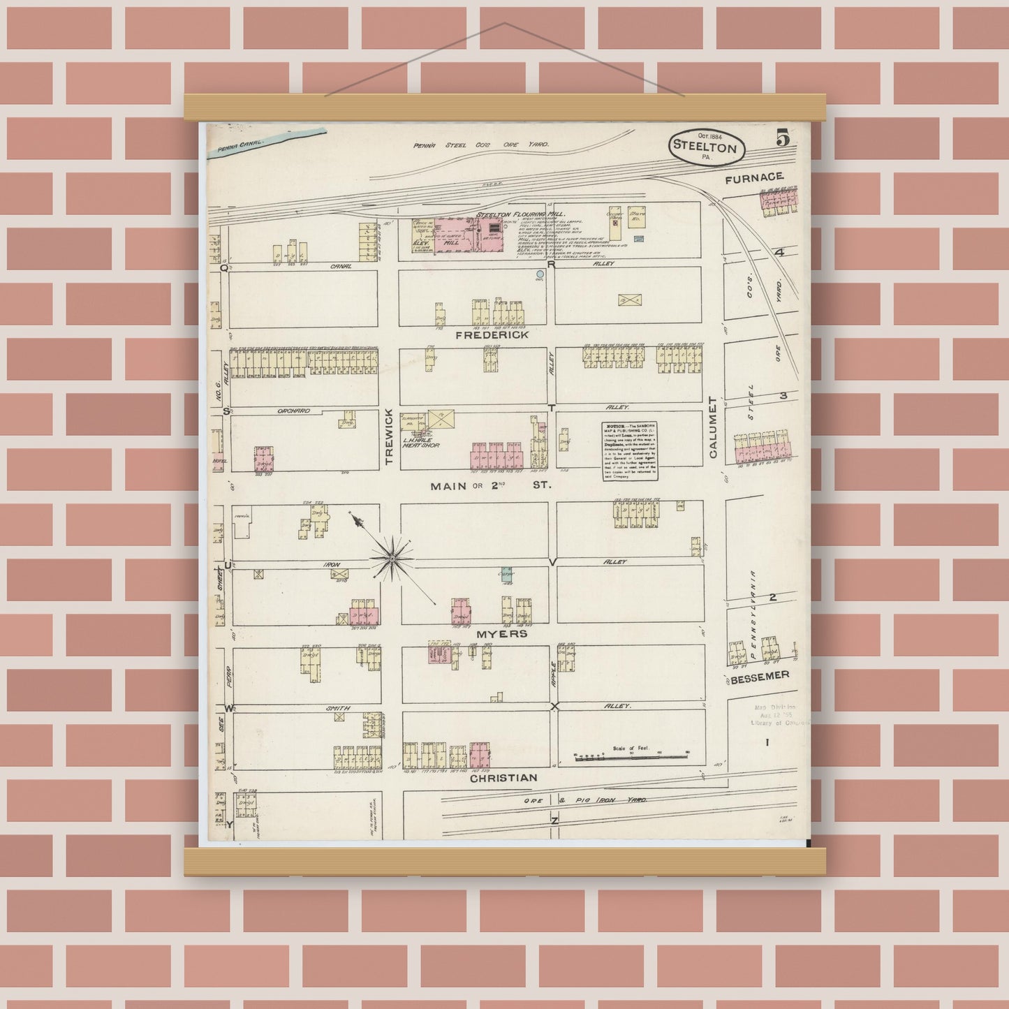 Old map wall art mockup — magnetic wood frame on brick wall — Sanborn Fire Insurance Map from Steelton, Dauphin County, Pennsylvania (1884), Sheet #0005
