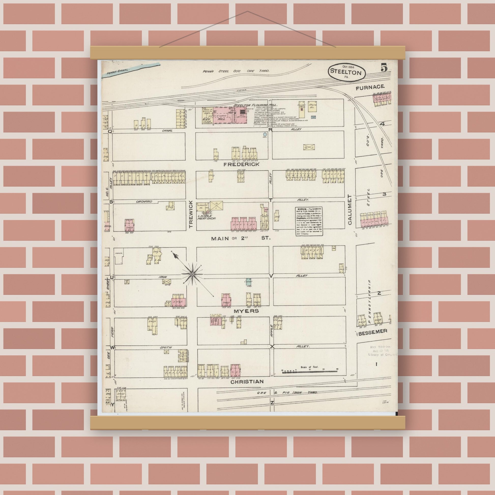 Old map wall art mockup — magnetic wood frame on brick wall — Sanborn Fire Insurance Map from Steelton, Dauphin County, Pennsylvania (1884), Sheet #0005