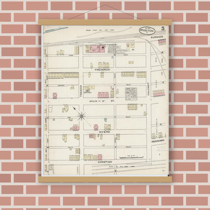 Old map wall art mockup — magnetic wood frame on brick wall — Sanborn Fire Insurance Map from Steelton, Dauphin County, Pennsylvania (1884), Sheet #0005
