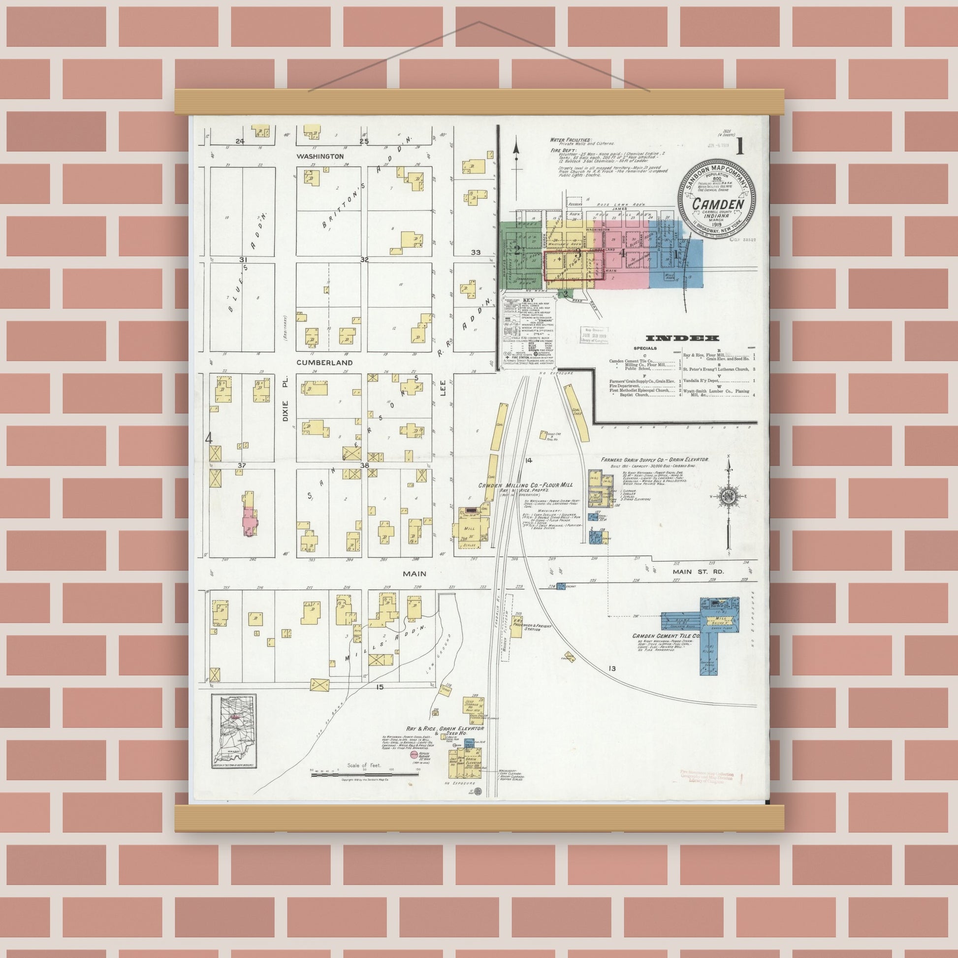 Old map wall art mockup — magnetic wood frame on brick wall — Sanborn Fire Insurance Map from Camden, Carroll County, Indiana (1919) - Complete Map Set