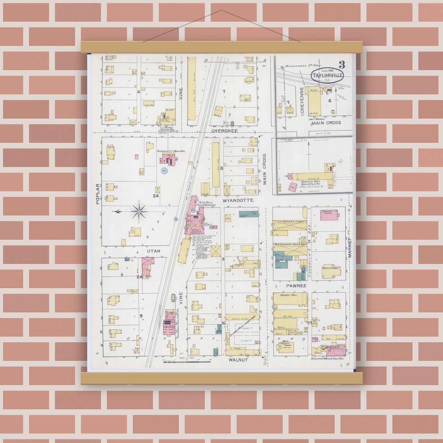 Old map wall art mockup — magnetic wood frame on brick wall — Sanborn Fire Insurance Map from Taylorville, Christian County, Illinois (1893), Sheet #0003